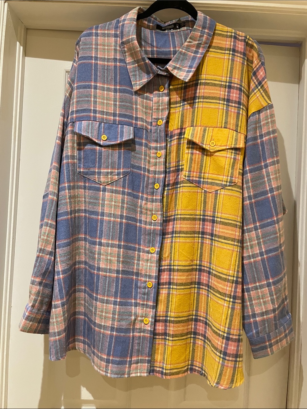 Missguided Plus Oversized Plaid Shirt Blue Yellow Colorblock Grunge US 16